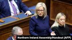 Newly appointed Northern Ireland's First Minister Michelle O'Neil speaks during the Northern Ireland Assembly at the Parliament Building, in Stormont, Feb. 3, 2024. 