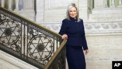 Sinn Fein Vice President Michelle O'Neill walks through Stormont Parliament Buildings in Belfast, Northern Ireland, Feb. 3, 2024. 