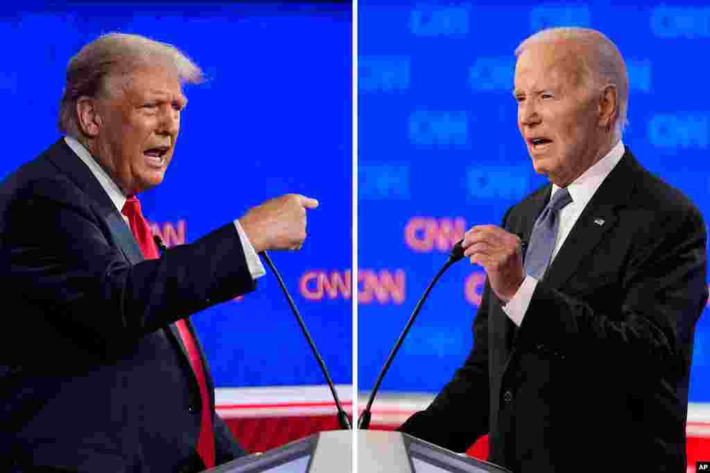 Picha hizi za Rais wa zamani wa Marekani Donald Trump, kushoto, Rais wa Marekani Joe Biden wakati wa mdahalo wa CNN wa wagombea urais ulioandaliwa na CNN, Juni 27, 2024, in Atlanta.