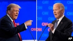 Picha hizi za Rais wa zamani wa Marekani Donald Trump, kushoto, Rais wa Marekani Joe Biden wakati wa mdahalo wa CNN wa wagombea urais ulioandaliwa na CNN, Juni 27, 2024, in Atlanta.