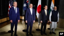 美國總統拜登、澳大利亞總理阿爾巴尼斯、日本首相岸田文雄和印度總理莫迪在日本廣島舉行四方安全對話領導人峰會。（2023年5月20日）