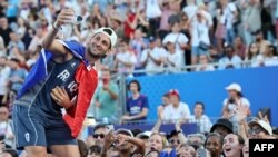 Gold medalist in the Men's Cycling BMX Racing finals event France's Joris Daudet poses at the Champions Park at Trocadero during the Paris 2024 Olympic Games in Paris on Aug. 5, 2024.