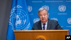 United Nations Secretary-General Antonio Guterres addresses the situation in Israel after an attack by Hamas during a news briefing at United Nations headquarters, Oct. 9, 2023.