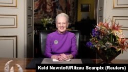 Queen Margrethe II gives a New Year's speech and announces her abdication from Christian IX's Palace, Amalienborg Castle, in Copenhagen, Denmark, Dec. 31, 2023. 