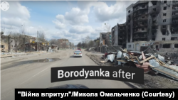 Місто Бородянка в Київській області після повномасштабного нападу Росії. Скриншот проекту "Війна впритул"/Микола Омельченко.
