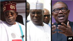 Bola Tinubu (à g.), Atiku Abubakar (centre) et Peter Obi (à dr.).