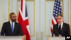 美國國務卿布林肯與英國外外相祈湛明在倫敦舉行聯合記者會。（2023年6月20日）