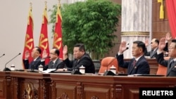 北韓領導人金正恩出席執政的勞動黨第八屆中央委員會第八次全體會議擴大會議.