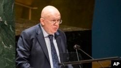 Vasily Nebenzya, Representante Permanente da Rússia junto das Nações Unidas, discursa na Assembleia Geral, Nova Iorque, 28 Fevereiro 2022
