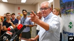 2022年3月9日，澳大利亞總理莫里森（Scott Morrison）在利斯莫爾召開的一次記者會上回答記者問。