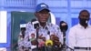 Teodoro Obiang Nguema Mbasogo, président de Guinée équatoriale lors d'une conférence de presse dans la salle des congrès de Bata, en Guinée équatoriale, le 25 novembre 2021.