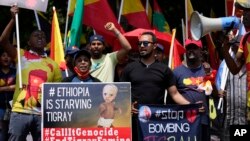 Des membres de la communauté tigréenne protestent contre le conflit entre l'Éthiopie et les rebelles du Tigré dans la région éthiopienne du Tigré à Pretoria, Afrique du Sud, le 16 octobre 2019.