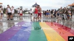 Participants rally during the "Taiwan Pride March for the World!" at Liberty Square at the CKS Memorial Hall in Taipei, Taiwan, Sunday, June 28, 2020. This year marks the first Gay Pride march in Chicago 1970, and due to the COVID-19 lockdown,…