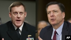 美國聯邦調查局局長科米(右)和國家安全局局長、海軍上將羅傑斯(左)星期一將參加眾議院情報委員會聽證會，回答議員的問題。