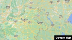 谷歌地图显示的中国河南省及主要城市的地理位置图。