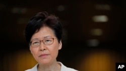 香港特首林鄭月娥在2019年8月27號的記者會上。