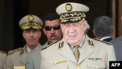 Le ministre français de la Défense, Jean-Yves Le Drian (à gauche), s'est entretenu avec le chef d'état-major algérien Ahmed Gaid Salah à son arrivée à l'aéroport international Houari-Boumediene d'Alger, le 20 mai 2014.