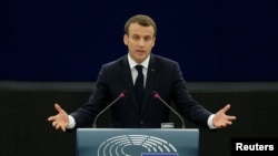 French President Emmanuel Macron delivers a speech before a debate on the Future of Europe at the European Parliament in Strasbourg, April 17, 2018.