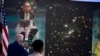 President Joe Biden listens during a briefing from NASA officials about the first images from the Webb Space Telescope, the highest-resolution images of the infrared universe ever captured, in the South Court Auditorium on the White House complex, July 11, 2022.