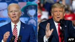 រូបផ្គុំ៖ លោក Joe Biden បេក្ខជន​ប្រធានាធិបតី​ខាង​គណបក្ស​ប្រជាធិបតេយ្យ នៅក្នុង​ទីក្រុង Wilmington រដ្ឋ Delaware កាលពី​ថ្ងៃទី ២៣ ខែតុលា ឆ្នាំ២០២០ និង​ប្រធានាធិបតី​អាមេរិក​លោក Donald Trump នៅ​ទីក្រុង Gastonia រដ្ឋ North Carolina កាលពី​ថ្ងៃទី២១ ខែតុលា ឆ្នាំ២០២០។