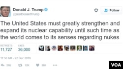 Ujumbe wa Trump kwenye tweeter yake juu ya kuimarisha silaha za nyuklia za Marekani