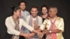Cambodian Living Arts’ Khmer Magic Music Bus artists. From left to right: Seyma Thorn; Savang Thoch; Cambodian Living Arts’ founder, Arn Chorn-Pond; Mao Men; and master artist Mann Men. (Courtesy Photo)