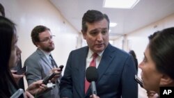 រូបឯកសារ៖ លោក​ Ted Cruz សមាជិកព្រឹទ្ធសភា​អាមេរិកាំងពីរដ្ឋតិចសាស ខាងគណបក្ស​សាធារណរដ្ឋ និយាយ​ជាមួយ​អ្នកយកព័ត៌មាន។