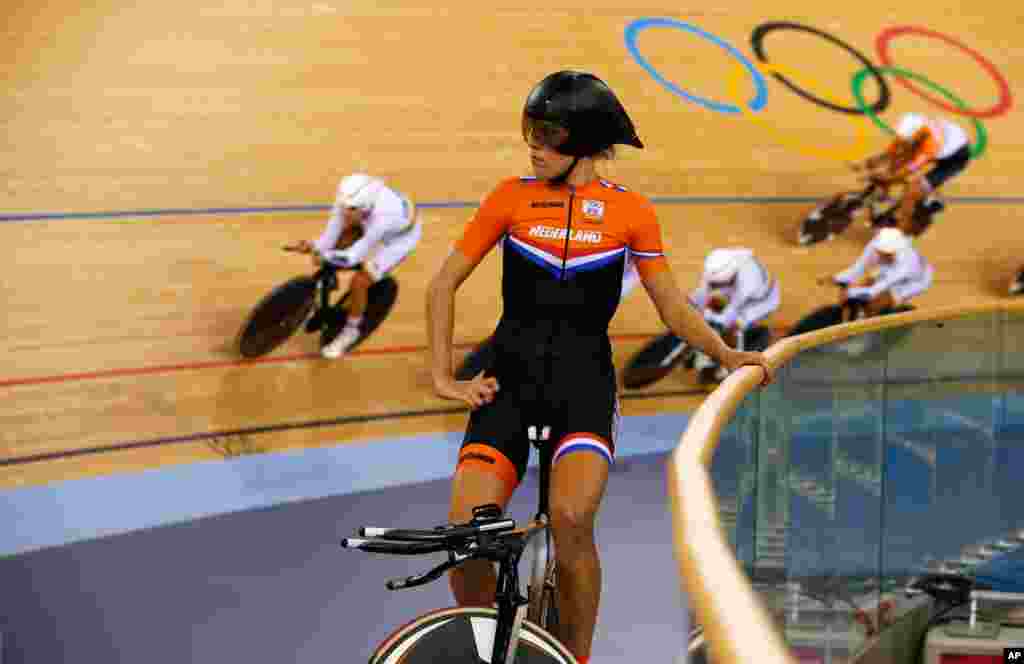 Netherlands' Ellen van Dijk takes a look around at the track cycling events at the Velodrome.