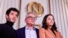 The husband and children of this year's winner of the Nobel Peace Prize, Ali, Taghi and Kiana Rahmani, attend a press conference at the Nobel Institute in Oslo, Norway, on Dec. 9, 2023. Their wife and mother, Narges Mohammadi, is jailed in Iran.