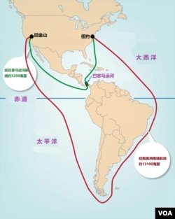 巴拿馬運河所處地理位置的示意圖。