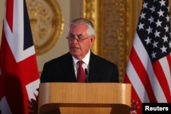 FILE - U.S. Secretary of State Rex Tillerson speaks during a news conference at Lancaster house in London, Britain, Sept. 14, 2017.