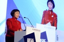 资料照：中国财新传媒创办人胡舒立在北京一个论坛上讲话。（2016年12月4日）
