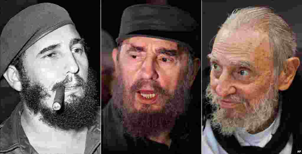 Une composition de trois photos de Fidel Castro le montrant, de gauche à droite, en train de fumer un cigare à La Havane (Cuba, le 29 avril 1961); s'adressant aux médias lors d'une mission pour recueillir Elian Gonzales à Washington, (D.C. le 6 avril 2000); et à sa résidence à La Havane le 13 février 2016.