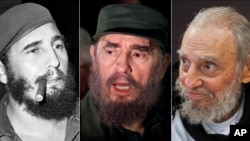 Une composition de trois photos de Fidel Castro le montrant, de gauche à droite, en train de fumer un cigare à La Havane (Cuba, le 29 avril 1961); s'adressant aux médias lors d'une mission pour recueillir Elian Gonzales à Washington, (D.C. le 6 avril 2000); et à sa résidence à La Havane le 13 février 2016. (Photos AP / Fichiers)