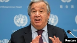 FILE - U.N. Secretary-General Antonio Guterres speaks during a news conference at U.N. headquarters in New York, Nov. 20, 2020.
