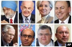 Possíveis candidatos à sucessão de Dominique Strauss-Kahn, direita para esquerda e de cima para baixo: Montek Singh Ahluwlia, Kemal Dervis, Christine Lagarde, Axel Weber, Stanley Fischer, Tharman Shanmugaratnam, Agustin Carstens, Trevor Manuel