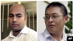FILE - This combination of two file photos shows Australian drug traffickers Myuran Sukumaran (l), and Andrew Chan during their trial in Bali, Indonesia. 