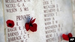 Poppies decorate a commemorating wall with the names of fallen servicemen at the Lone Pine cemetery and memorial site in Gallipoli peninsula, Turkey, April 23, 2015.