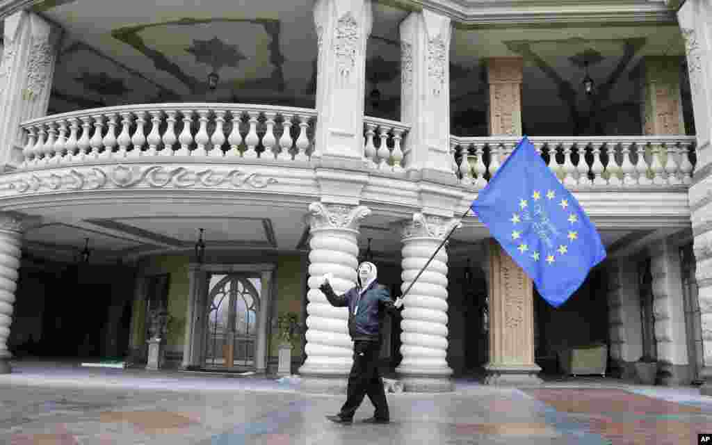 A protester waves an EU flag at the Ukrainian President Viktor Yanukovych's country residence in Mezhyhirya.