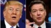This combination photo shows President Donald Trump speaking during a roundtable discussion in White Sulphur Springs, West Virginia, April 5, 2018, left, and former FBI director James Comey speaking during a Senate Intelligence Committee hearing on Capitol Hill in Washington on June 8, 2017.