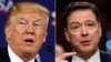 FILE - This combination photo shows President Donald Trump speaking in White Sulphur Springs, W.Va., April 5, 2018, left, and former FBI director James Comey speaking on Capitol Hill, June 8, 2017.