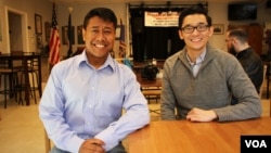 Chanda Choun and his campaign's creative director Minh Pham, a Vietnamese-American at Chanda Choun’s first meet and greet event at John Lyon VFW Post 3150 in Arlington, VA, February 18, 2018. Chanda recently also hired a field manager, Filipino-American John Victoria, to his campaign team. (Sophat Soeung/VOA Khmer)