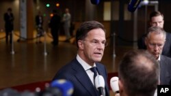 Netherland's Prime Minister Mark Rutte addresses the media at the end of an EU summit in Brussels, June 18, 2024.