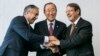 U.N. Secretary-General Ban Ki-moon (C) pose for photographers with Turkish Cypriot leader Mustafa Akinci (L) and Cypriot President Nicos Anastasiades during the Cyprus reunification talks in the Swiss mountain resort of Mont Pelerin, Switzerland, Nov. 7, 2016.