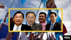 យោងតាមអង្គការ Global Witness ឧកញ៉ាដែលពាក់ព័ន្ធនឹងនយោបាយទាំងបួនរូបនេះ​ ទទួលបានផលប្រយោជន៍ពីការធ្លាក់ចុះលទ្ធិប្រជាធិបតេយ្យនៅកម្ពុជា។ ពីឆ្វេងទៅស្តាំ៖ ឧកញ៉ា ម៉ុង ឫទ្ធី​ ឧកញ៉ា លី យ៉ុងផាត់​ ឧកញ៉ា ទ្រី ភាព ឧកញ៉ា ឡាវ ម៉េងឃីន។ (AP/REUTERS)