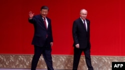 資料照：中國領導人習近平在北京接待到訪的俄羅斯總統普京。（2024年5月16日）