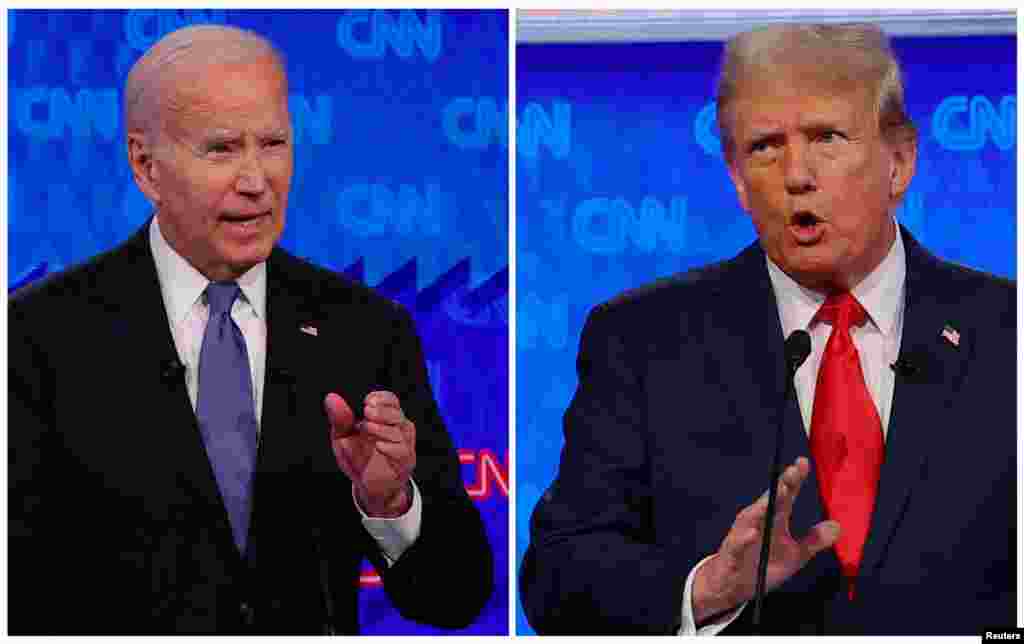 លោកប្រធានាធិបតី Joe Biden(ឆ្វេង) និងបេក្ខជនប្រធានាធិបតីនៃបក្សសាធារណរដ្ឋលោក Donald Trump (ស្តាំ) ឈរអំឡុងពេលសម្រាកក្នុងការជជែកដេញដោលគ្នាមួយដែលរៀបចំដោយ CNN កាលពីថ្ងៃព្រហស្បត្តិ៍ទី២៧ មិថុនា ឆ្នាំ២០២៤ ក្នុងទីក្រុង Atlanta។ (REUTERS/Brian Snyder/File Photo)