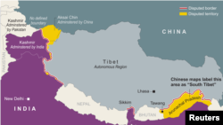 印度中國有爭議邊界地區示意圖。