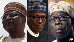 Le président nigérian Muhammadu Buhari (au centre) et deux de ses prédécesseurs, Ibrahim Babangida (à g., au pouvoir 1985-93) et Olusegun Obasanjo (à dr., au pouvoir 1976-79 et 1999-2007). Tous des anciens putschistes reconvertis. (Photo AP)