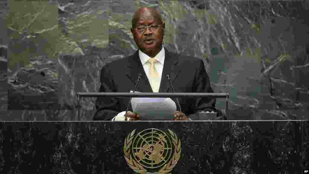 Yoweri Kaguta Museveni, le chef de l'Etat de l'Ouganda, prononce un discours lors de la 70e session de l'Assemblée générale de l'ONU, au siège des Nations unies, 28 septembre 2015.